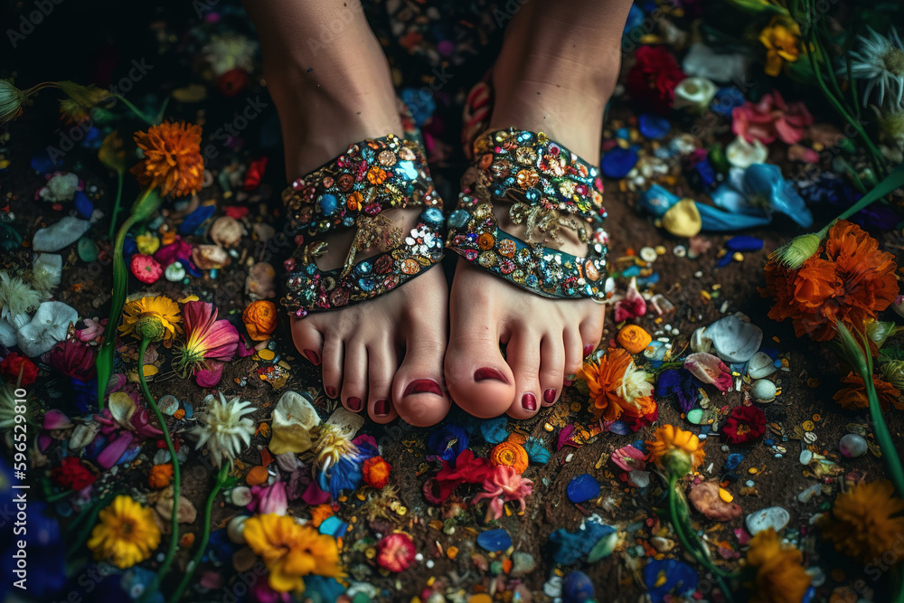 Girl's flower shoes on flowers and plants Girl's flower shoes on flowers and plants
