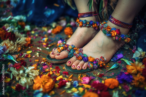 Girl's flower shoes on flowers and plants