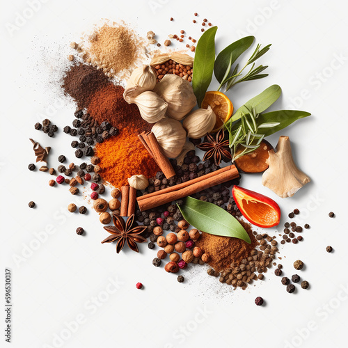 Spices and herbs with transparent shadow