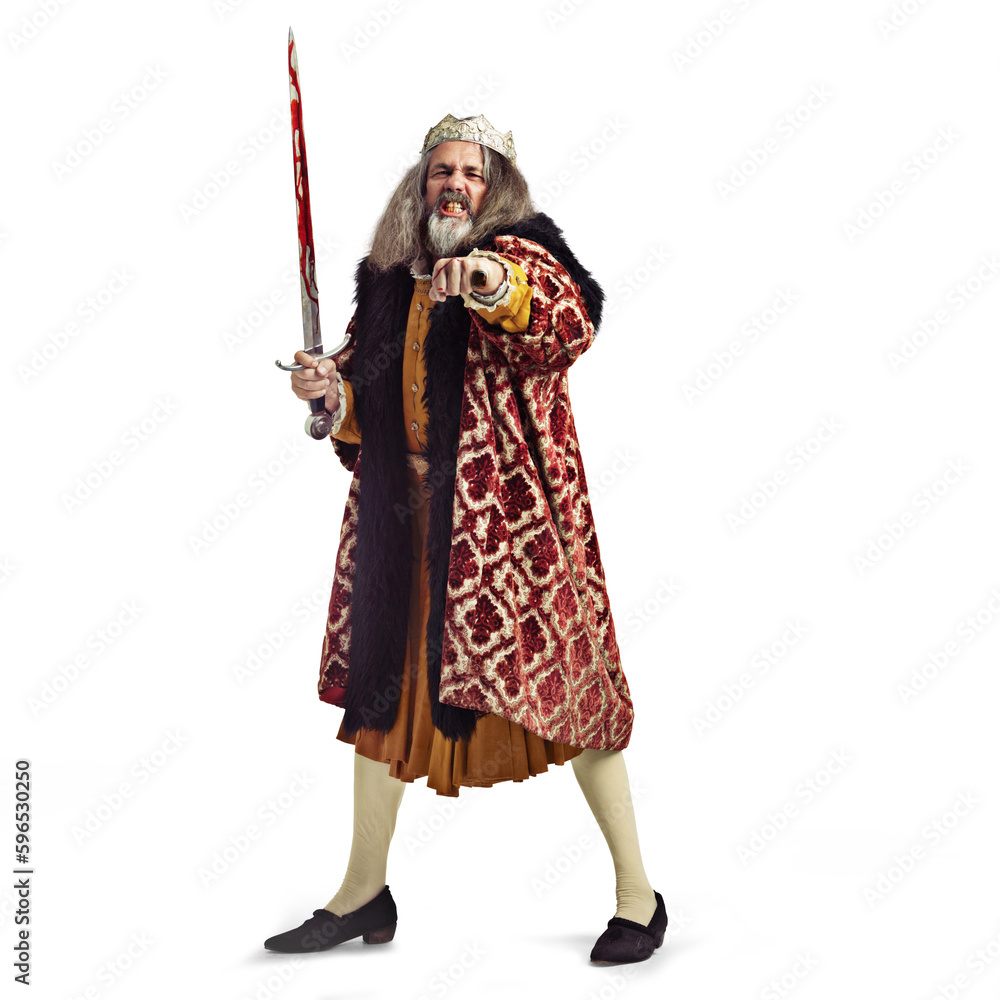 Angry king, royalty battle and portrait of royal man with sword and blood with luxury fashion. Victorian, power and mature male with a costume of a leader isolated on a transparent, png background