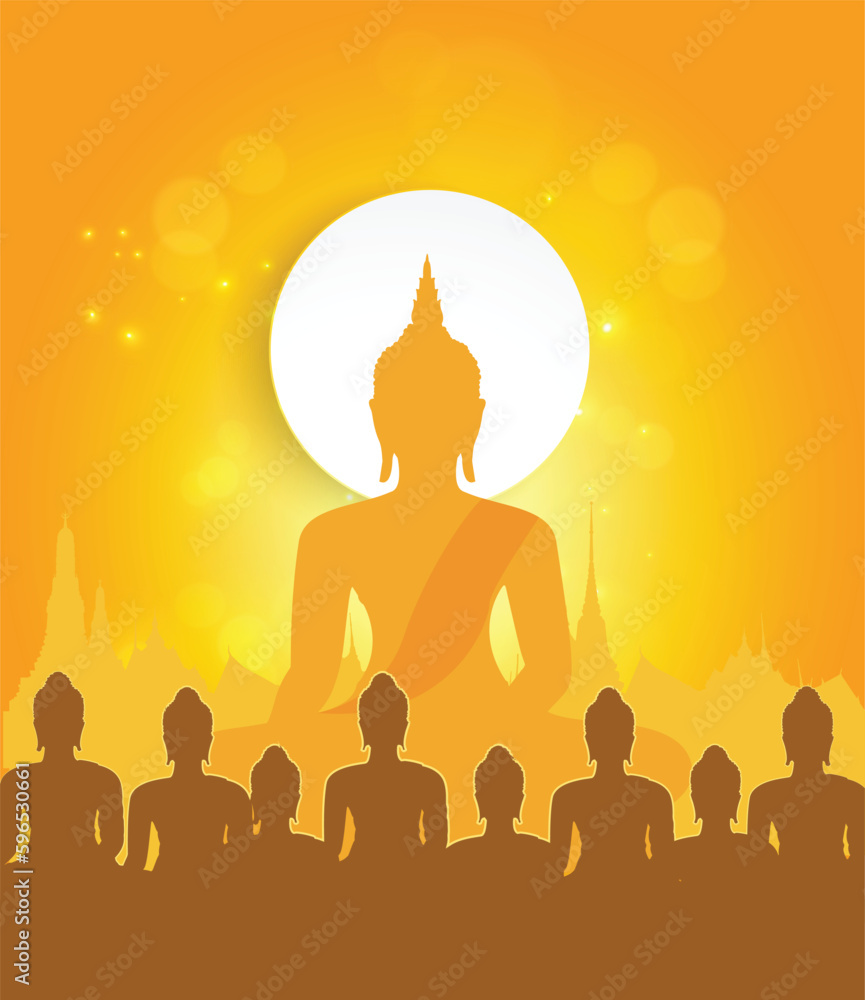 Fototapeta premium silhouette of a person meditating. sitting monk listening to dharma and temple on yellow vector illustration background. Magha puja day, Vesak day banner, important Buddhist days Thailand culture