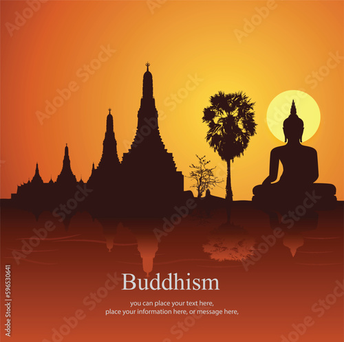 Silhouette of Buddha and temple on sunset vector illustration background. Magha puja day, Vesak day banner, important Buddhist days Thailand culture