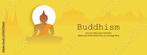 Banner Buddhism and temple on yellow vector illustration background. Magha puja day, Vesak day banner, important Buddhist days Thailand culture
