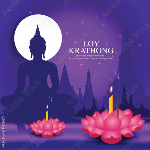 Loy Krathong festival, water on purple vector illustration background, Lights traditional celebration of Thailand. silhouette of buddha in lotus position