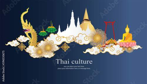 Banner Buddhism culture on blue vector illustration background. Magha puja day, Vesak day banner, important Buddhist days Thailand culture