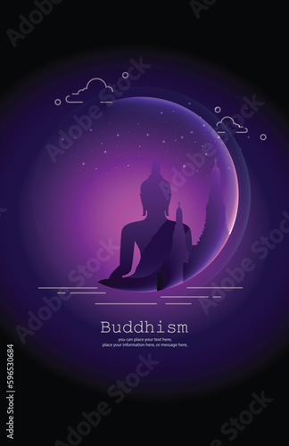 Buddha sitting purple vector background-Magha Puja, Asanha Puja, Visakha Puja Day, Buddhist holiday concept