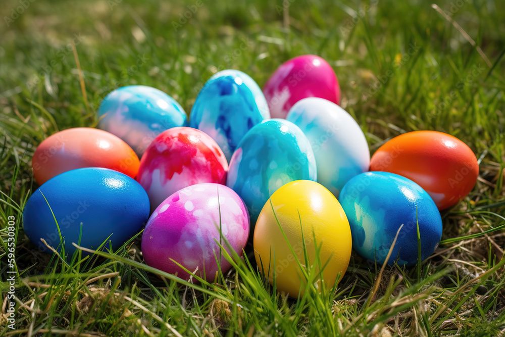 Easter eggs in grass against blurred green background. Spring holidays concept Easter eggs in grass against blurred green background. Spring holidays concept