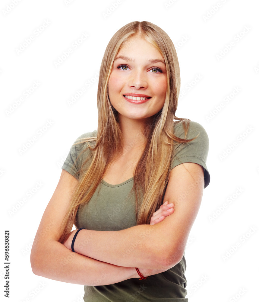 Happy, beauty portrait and young person with arms crossed of a teenager with confidence and casual fashion. Joy, proud and teen girl model with youth smile isolated on transparent png background Happy, beauty portrait and young person with arms crossed of a teenager with confidence and casual fashion. Joy, proud and teen girl model with youth smile isolated on transparent png background