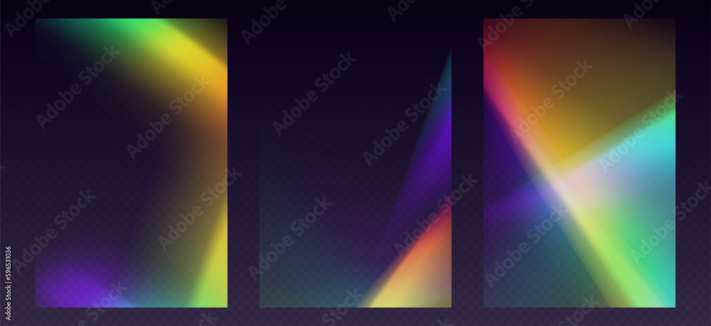 Crystal refraction overlay, leak flare, rainbow sunlight effect, holographic reflections for posters or social media. Blurred optical rays, vintage camera glares. Vector illustration.