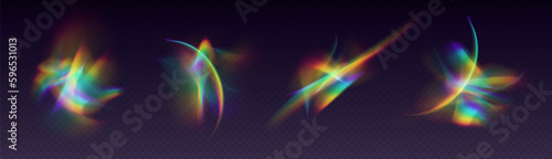 Crystal refraction overlay, leak flare, rainbow sunlight effect, holographic reflections isolated on a black background. Blurred optical rays, vintage camera glares. Vector illustration.