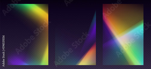 Crystal refraction overlay, leak flare, rainbow sunlight effect, holographic reflections for posters or social media. Blurred optical rays, vintage camera glares. Vector illustration.