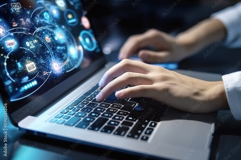 Cloud technology. Data storage and backup. Networking and internet service concept. Man using laptop computer and mobile phone with cloud computing diagram. Cloud technology. Data storage and backup. Networking and internet service concept. Man using laptop computer and mobile phone with cloud computing diagram.