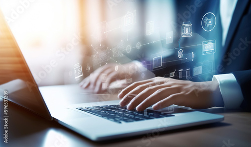 Cloud technology. Data storage and backup. Networking and internet service concept. Man using laptop computer and mobile phone with cloud computing diagram.