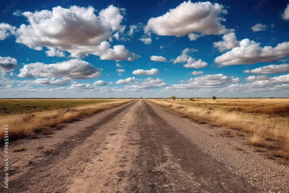 A path on the side of the dirt field is under the blue sky and white clouds. High -quality photo