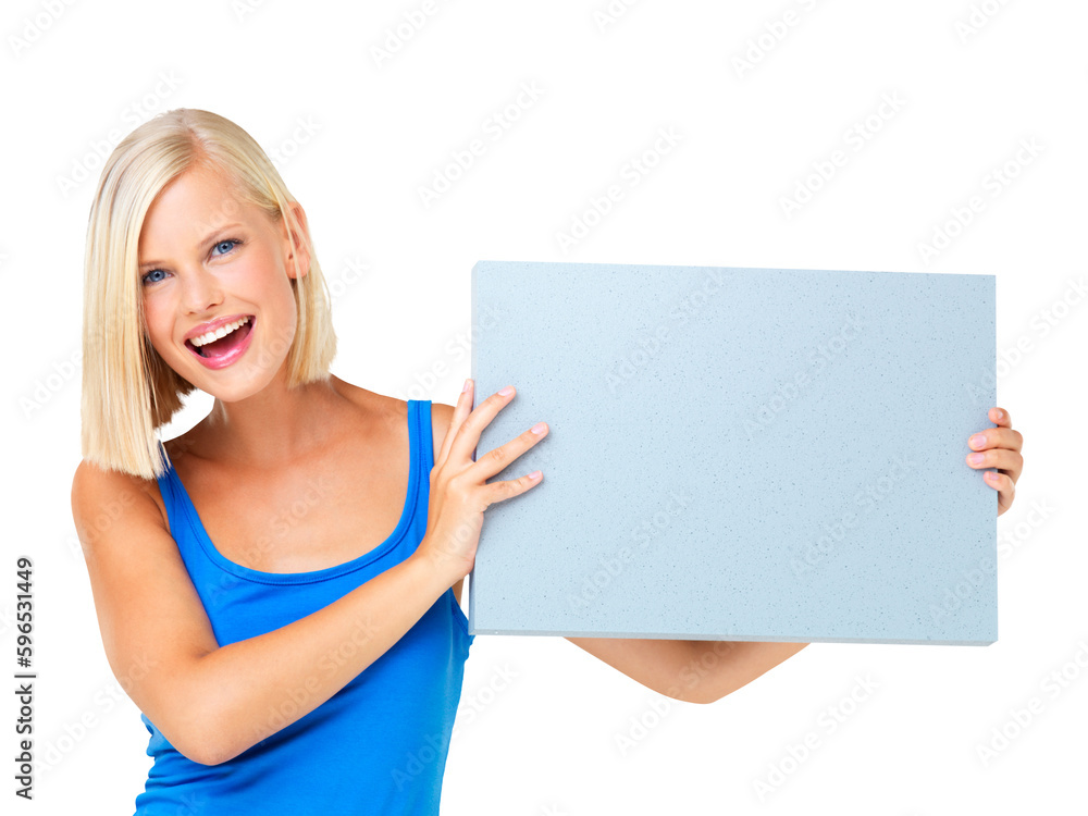 Portrait, smile and woman with mock up poster isolated on a transparent png background. Copy space, blank banner and happiness of person with product placement, advertising or marketing for promotion Portrait, smile and woman with mock up poster isolated on a transparent png background. Copy space, blank banner and happiness of person with product placement, advertising or marketing for promotion