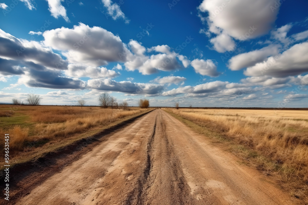 A path on the side of the dirt field is under the blue sky and white clouds. High -quality photo
