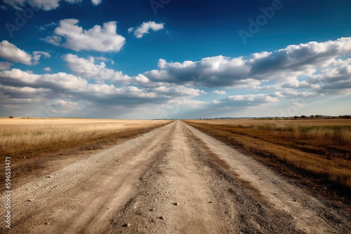 A path on the side of the dirt field is under the blue sky and white clouds. High -quality photo