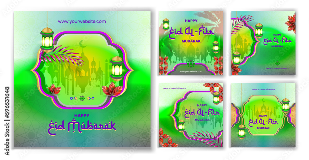 Eid al fitr mubarak social media post design collection vibrant purple green background Eid al fitr mubarak social media post design collection vibrant purple green background