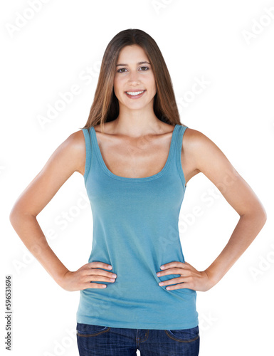 Fashion, beauty and portrait of woman with a smile isolated on a transparent, png background. Happiness, modern casual style and young female model alone and proud with pride and confidence © Khushboo/peopleimages.com