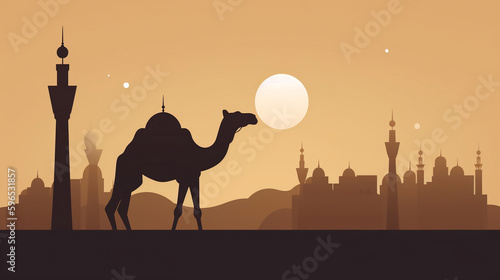 a flat vector illustration design of a stylized camel  with the silhouette of a mosque in the background. The design should have a minimalist yet elegant aesthetic  with a neutral color palette that e