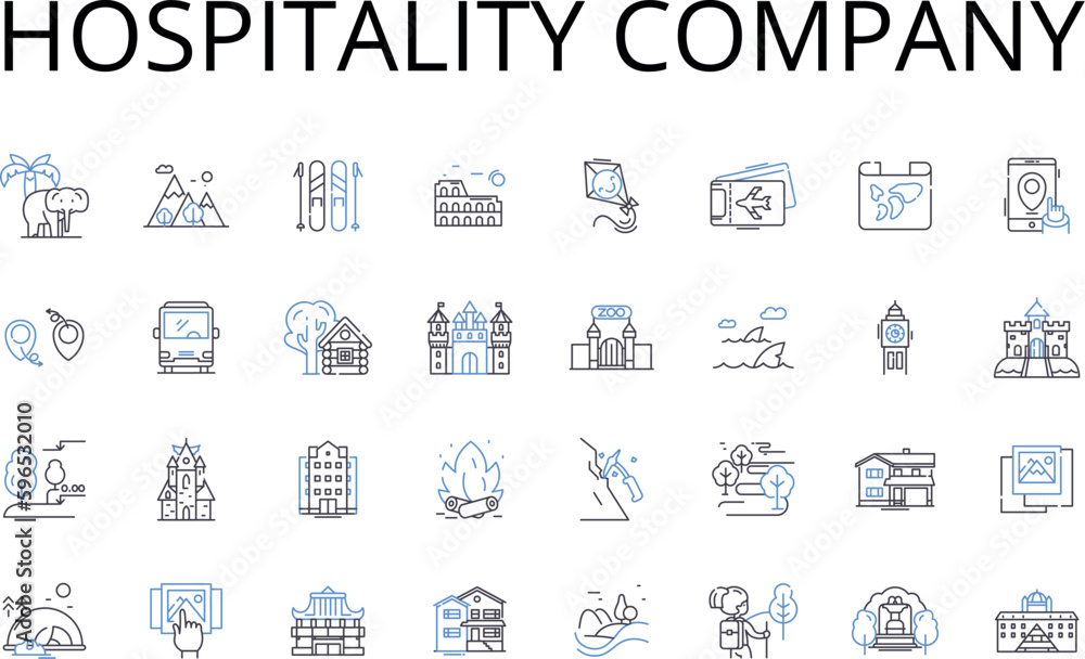 Hospitality company line icons collection. Accommodation enterprise, Service industry, Guest service, Hospitality business, Lodging corporation, Catering company, Bed-and-breakfast Generative AI Hospitality company line icons collection. Accommodation enterprise, Service industry, Guest service, Hospitality business, Lodging corporation, Catering company, Bed-and-breakfast Generative AI