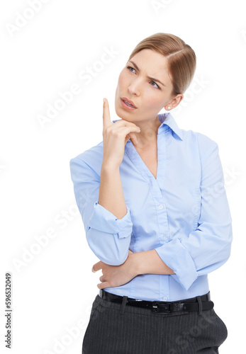 Canvas Print Serious woman, business and thinking or confused with question, idea or remember memory