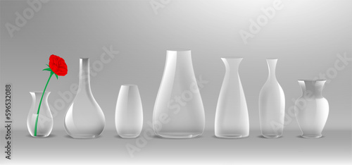 Set realistic empty glass flower pot or transparent flower pot with rose - 3d illustrator
