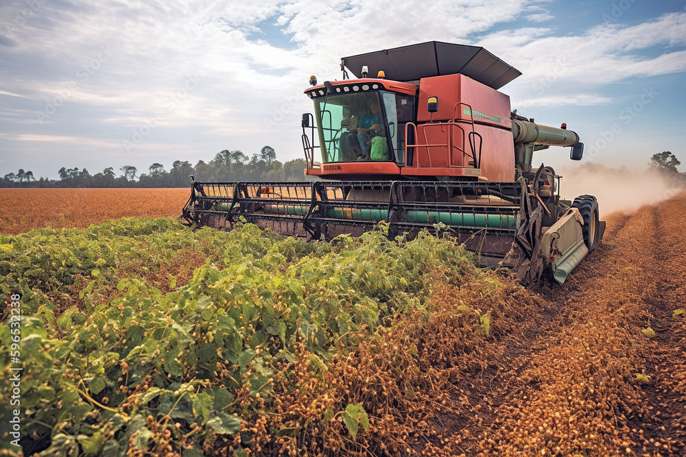 Fototapeta premium The farm vegetable field harvester uninstall into the tractor trailer. Modern agricultural harvesting technology. The growth of agricultural technology and productive forces.