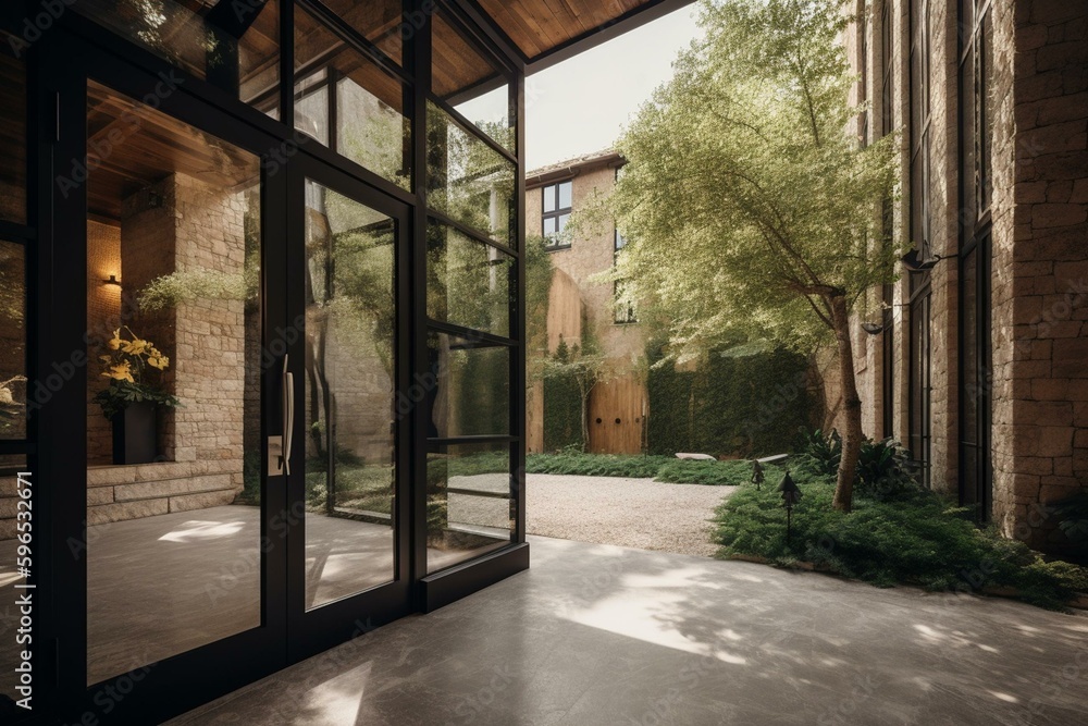 Estate entrance with walkway, trees & big windows in daylight. Generative AI Estate entrance with walkway, trees & big windows in daylight. Generative AI