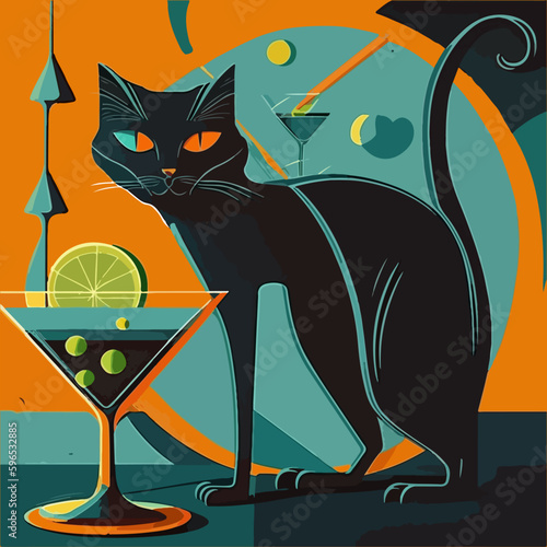 A black cat sits next to a glass of wine on a colored background. For your sticker or logo design.