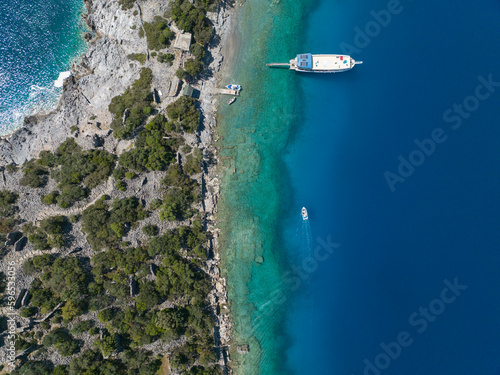 Fototapeta Naklejka Na Ścianę i Meble -  Summer Season in the Gocek Islands Beachs and Marina Drone Photo, Gocek Mugla, Turkiye
