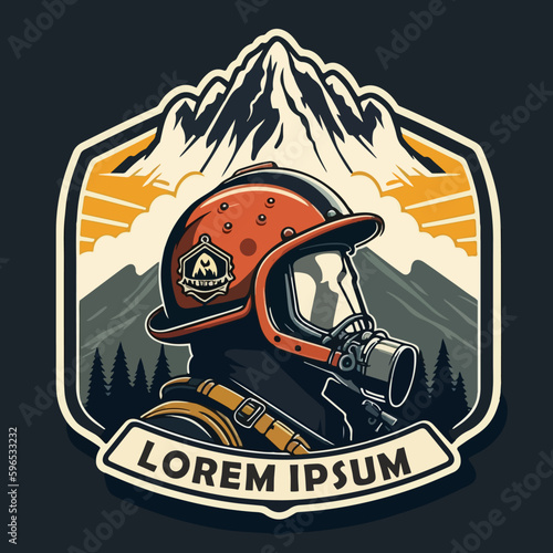Logo with a firefighter in a gas mask on the background of a mountain and a forest. For your sticker or logo design