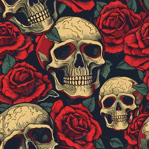 Skulls on a background of beautiful red roses. For your sticker or tattoo design.