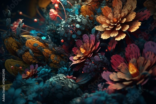 Flower-inspired abstract art featuring colorful patterns and ornate floral compositions. Generative AI