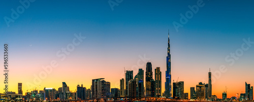 Dubai Downtown skyline at Magic hour.