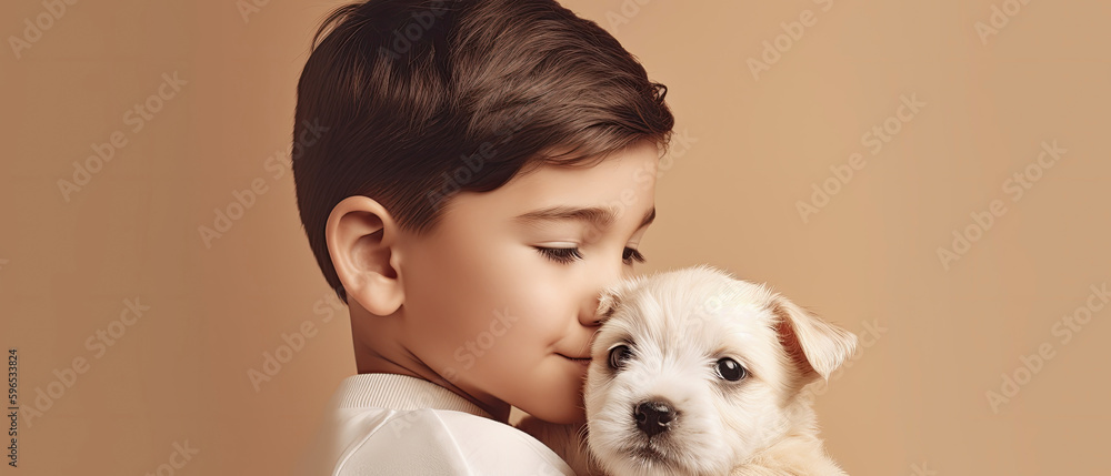 little boy with adorable puppy dog hugging beige background , Generative AI
little boy with adorable puppy dog hugging beige background , Generative AI