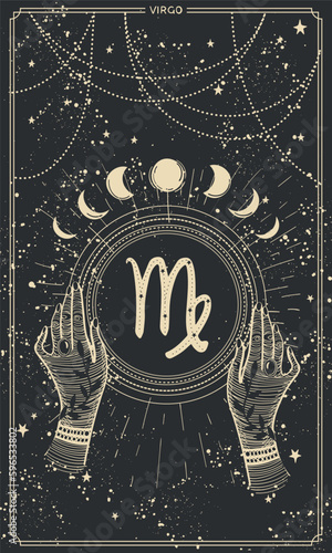Card with Virgo zodiac sign symbol, mystical template for astrology stories, two hands holding a frame on a black background with stars. Freehand vector illustration.