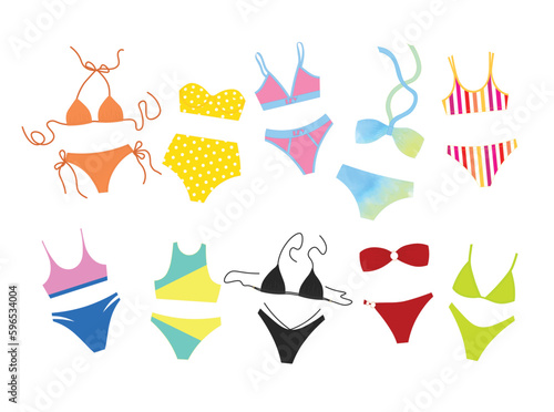 Set of 10 sexy colorful bikini flat vector. Collection of different style bikini for hot summer holiday. Swimwear for women and girls.