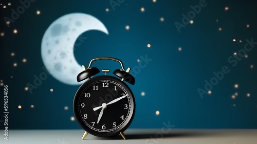 Clock against a dark background with moon and stars, suggesting peaceful slumber and serene dreams. Encourages relaxation, calm, and promotes restful sleep and wellness. Generative AI
