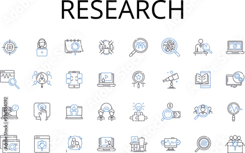 Research line icons collection. Analysis, Study, Inquiry, Investigation, Evaluation, Examination, Exploration vector and linear illustration. Scrutiny,Probe,Survey outline signs set Generative AI
