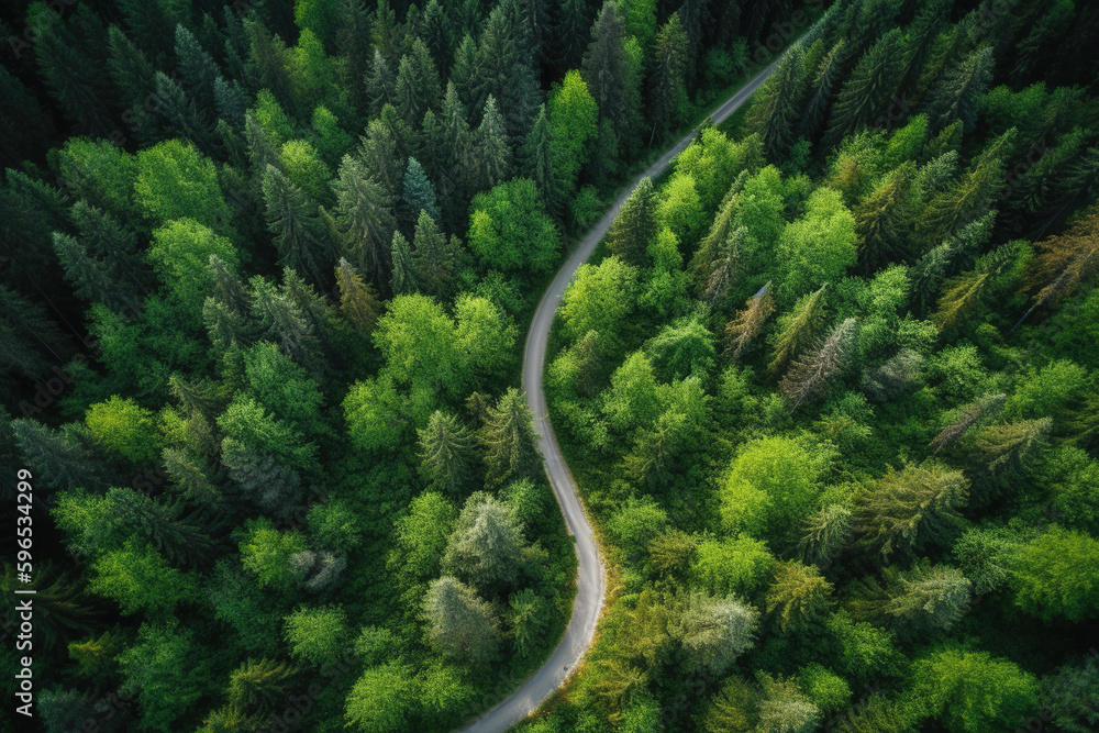 Aerial view road in the middle forest, Top view road going through green forest adventure, Ecosystem ecology healthy environment road trip travel. Aerial view road in the middle forest, Top view road going through green forest adventure, Ecosystem ecology healthy environment road trip travel.