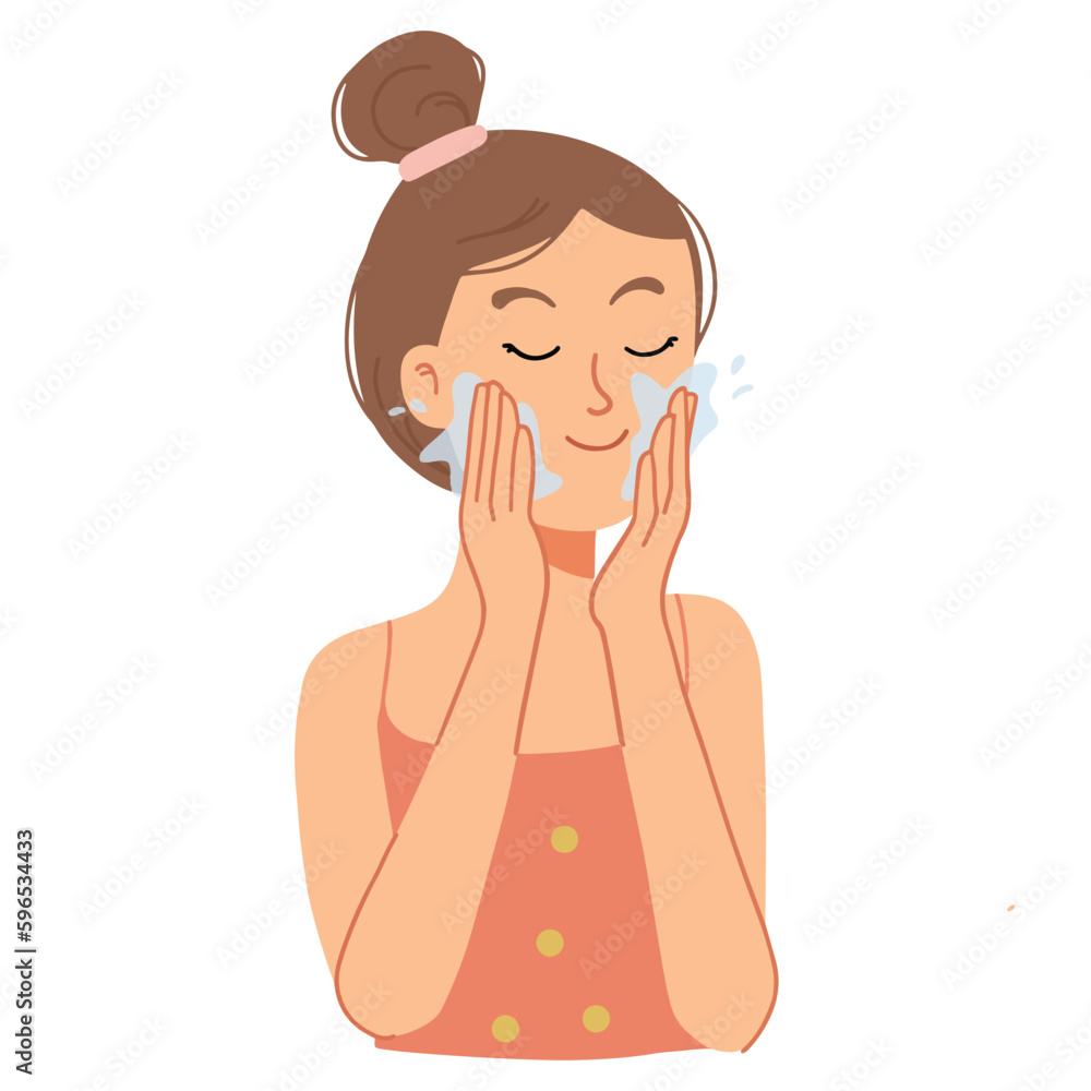Skincare routine girl washing face beautiful illustration Skincare routine girl washing face beautiful illustration