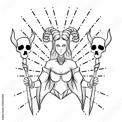 hand drawn of beautiful woman and skull tattoo design