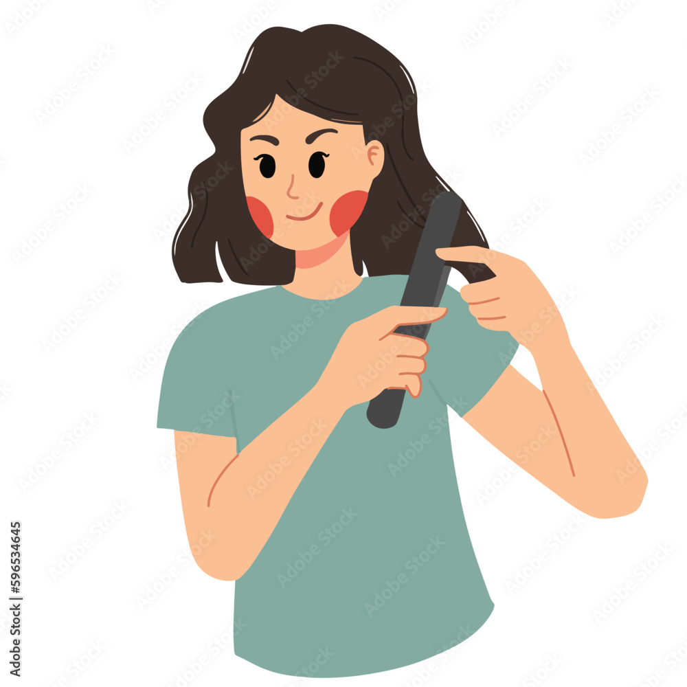 curly hair woman straightening her hair illustration curly hair woman straightening her hair illustration