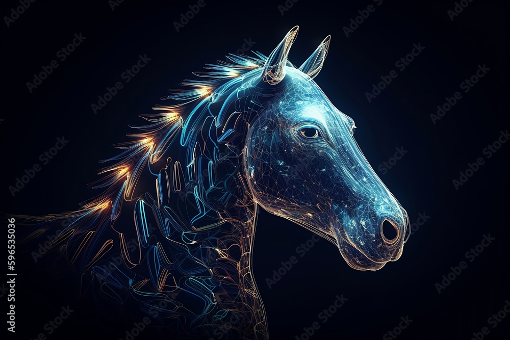 abstract blue glowing figure of horse on blackground