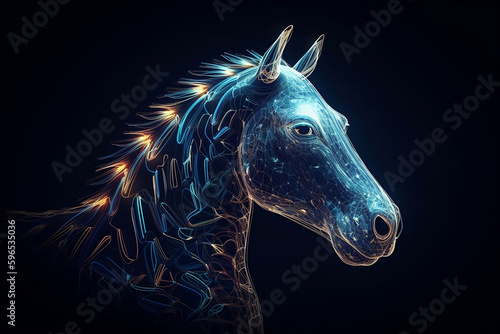 abstract blue glowing figure of horse on blackground