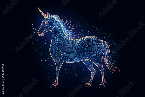 abstract blue glowing figure of unicorn on blackground