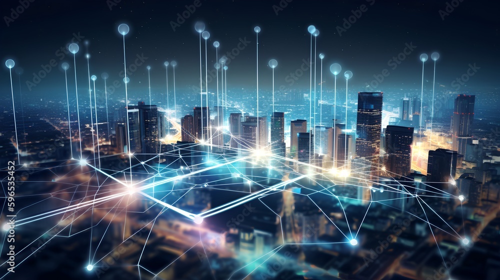 5G Connectivity concept featuring a cityscape at night with digital, glowing connection lines, illustrating a global, futuristic network powered by smart technology and AI. Generative AI
