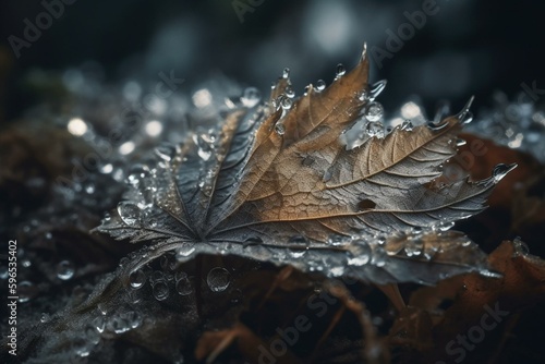 Close-up of icy water crystals on fallen leaf. Generative AI