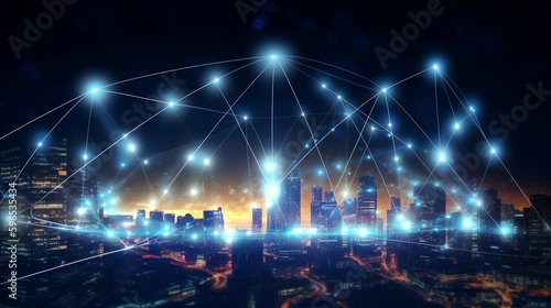 5G Connectivity concept featuring a cityscape at night with digital  glowing connection lines  illustrating a global  futuristic network powered by smart technology and AI. Generative AI